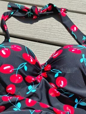 Women's Cherry Print Halter Swim Top - Black & Red